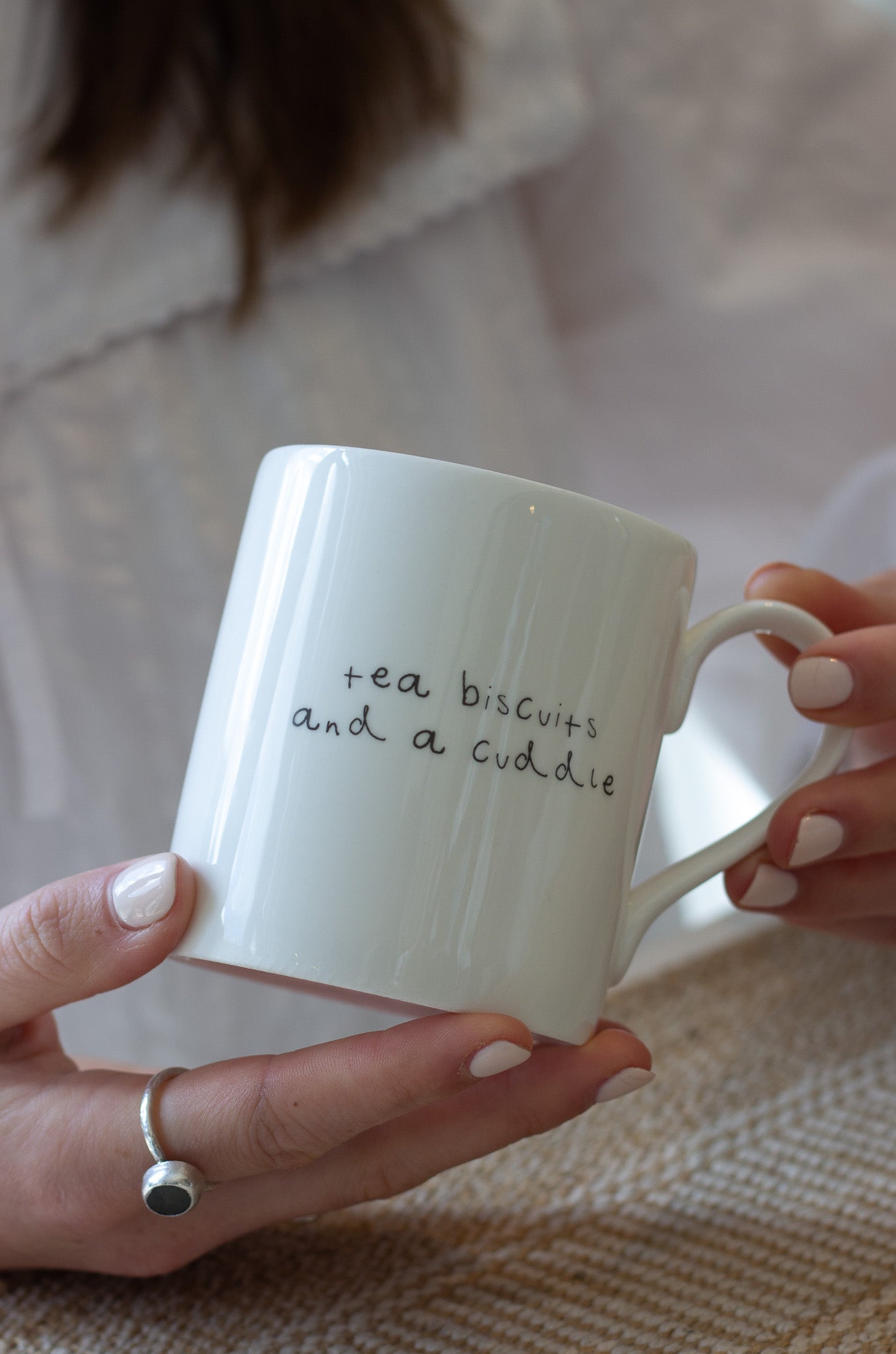 Tea biscuits and a cuddle - Hand Written Note - Fine China Mug
